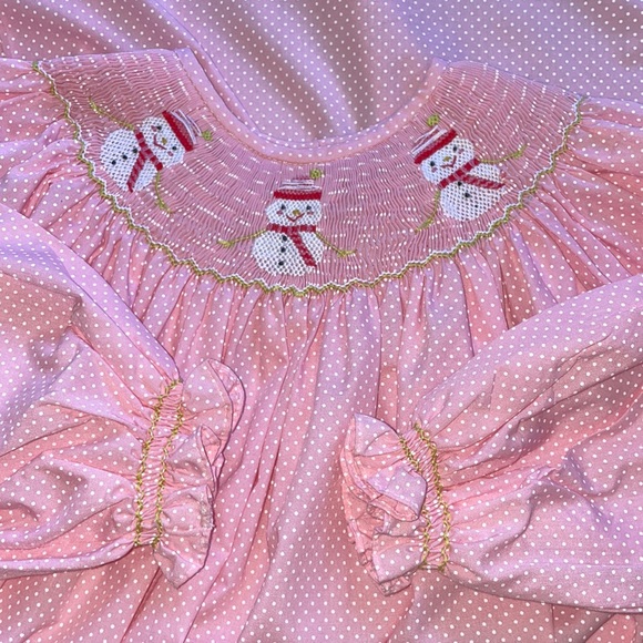 Girls Matching Boutique Christmas Snowman Long Sleeve Smocked Dress Size 7 - Picture 8 of 10